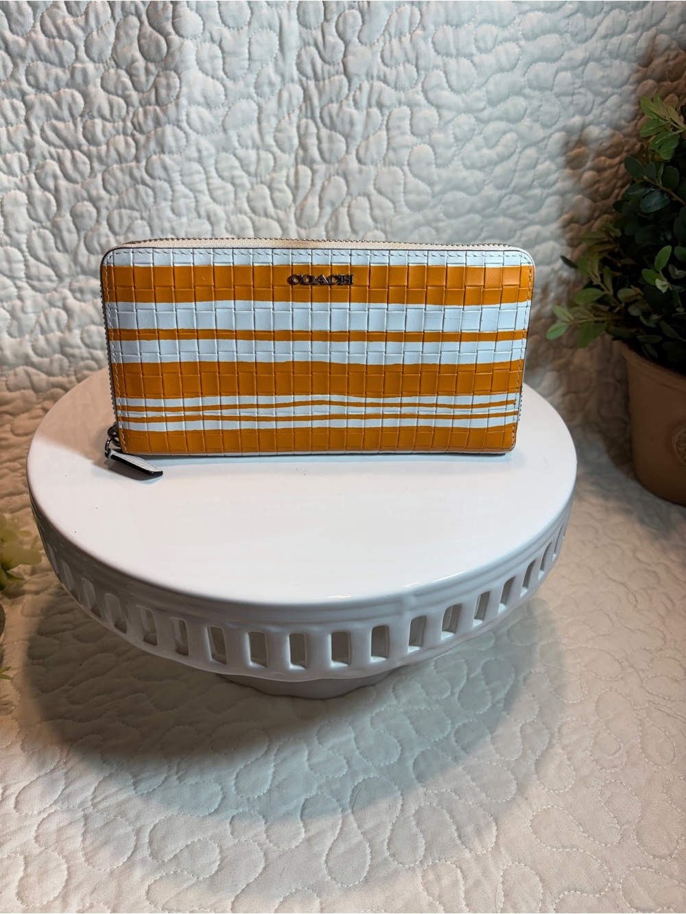 Coach Orange & White Striped Zip Wallet